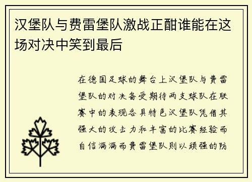汉堡队与费雷堡队激战正酣谁能在这场对决中笑到最后